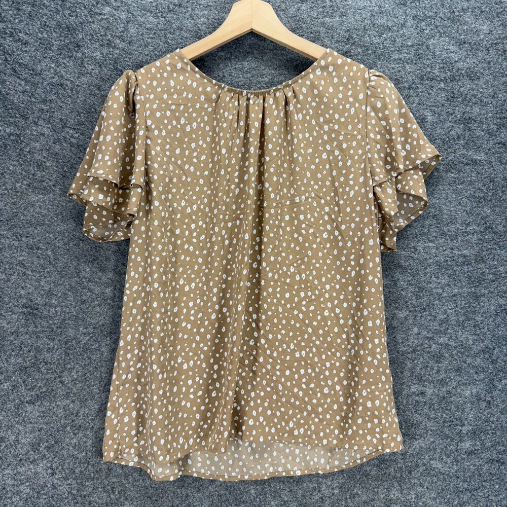 Pleione Blouse Women L Large Brown Animal Print Crew Neck Short Sleeve Hook&Eye